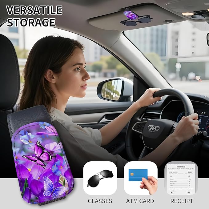 Sunglasses Holder for Car Visor, PU Leather Glasses Clip Organizer, Cute Magnetic Eyeglass Holder for Vehicle Sun Visor, Car Interior Accessory for Women & Men Purple Butterfly Bloom