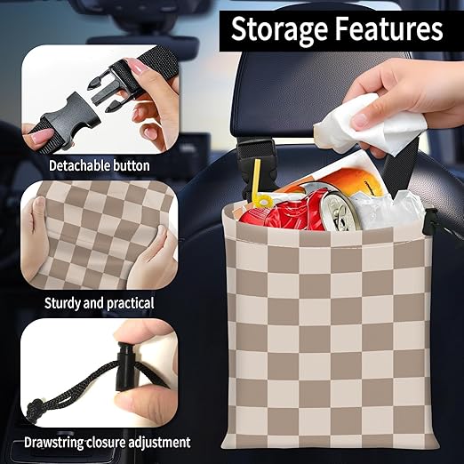 Car Trash Bag Large Hanging Can for Back of Seat, Cute Waterproof Car Garbage Bag for Vehicle, Travelling, Outdoor Cute Beige Checkerboard