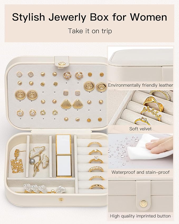 VLANDO Travel Jewelry Case for Women Girls, Gifts for Mother, PU Leather Small Jewelry Box for Rings, Necklaces, Bracelets, E