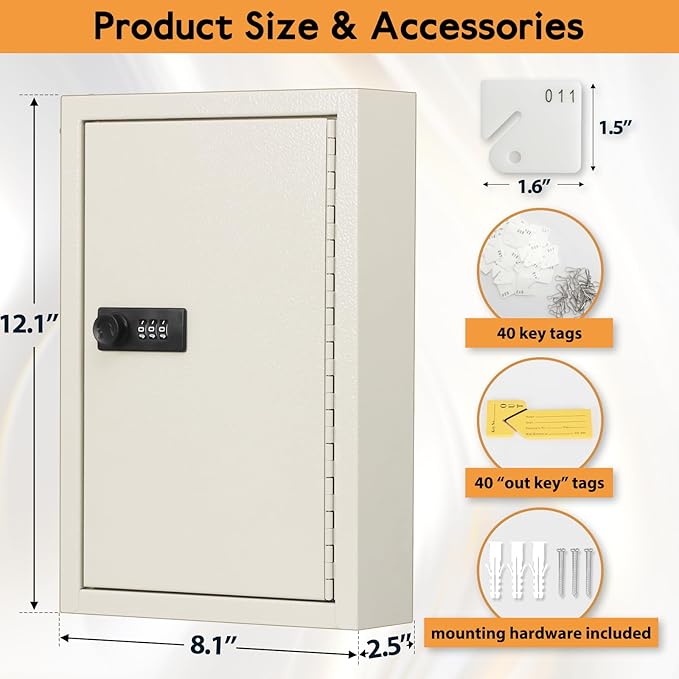 KYODOLED Key Storage Lock Box with Code, Locking Key Cabinet, 40 Key Holder Wall Mount with Combination Lock, Hooks & Tags La