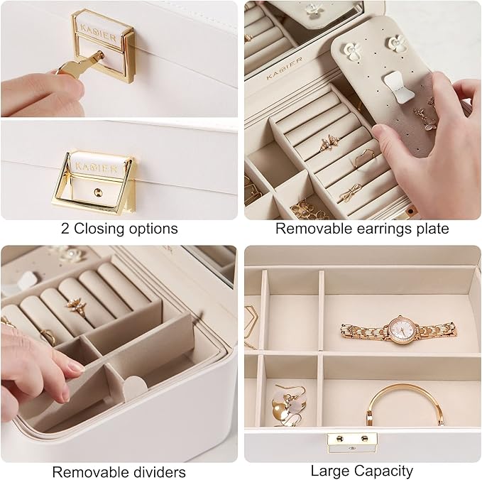 KAMIER Travel Jewelry Box, 2 Layers PU Leather Portable Jewelry Organizer, Large Capacity, Double Lock and Large Mirror, Hidd