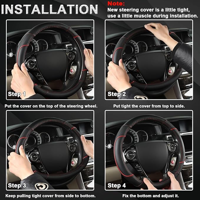 GIANT PANDA Steering Wheel Cover for Honda Civic(2006-2015),CR-Z, Insight, S2000 (Black+Red Line-Small Size)
