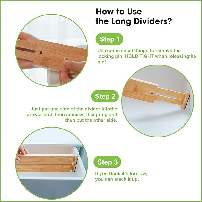 ANTOWIN Bamboo Drawer Dividers Organizers, Drawer Separators Splitter,17-22 inches Long Adjustable Spring-loaded Organizer fo