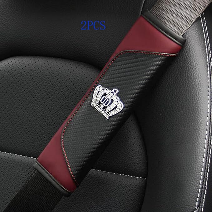 HYL World 2PCS Car Accessories Leather Car Seat Belt Cover Seat Belt Shoulder Pads with Bling Crystal Crown Decor,Red-1