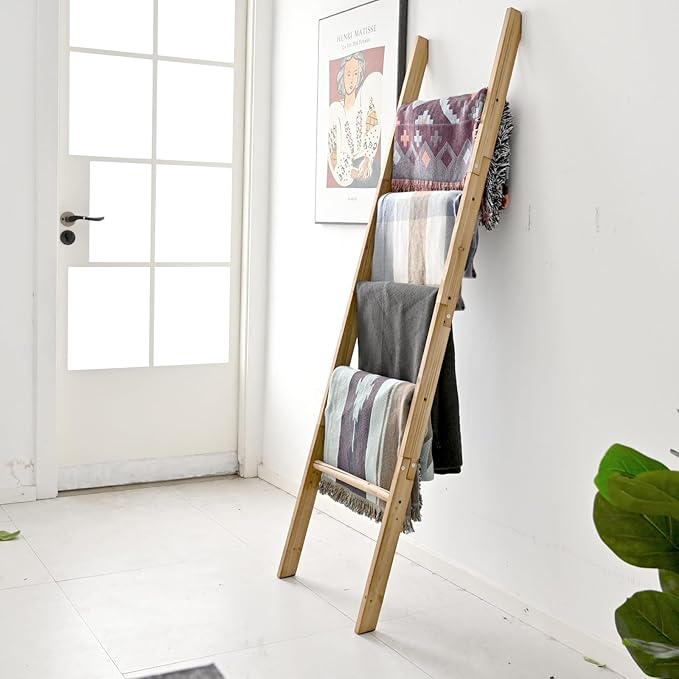 FUIN 63inch Wooden Blanket Ladder, Wood Towel Ladder, Rustic Decorative Ladder for Blankets, Farmhouse Quilt Rack for Living 