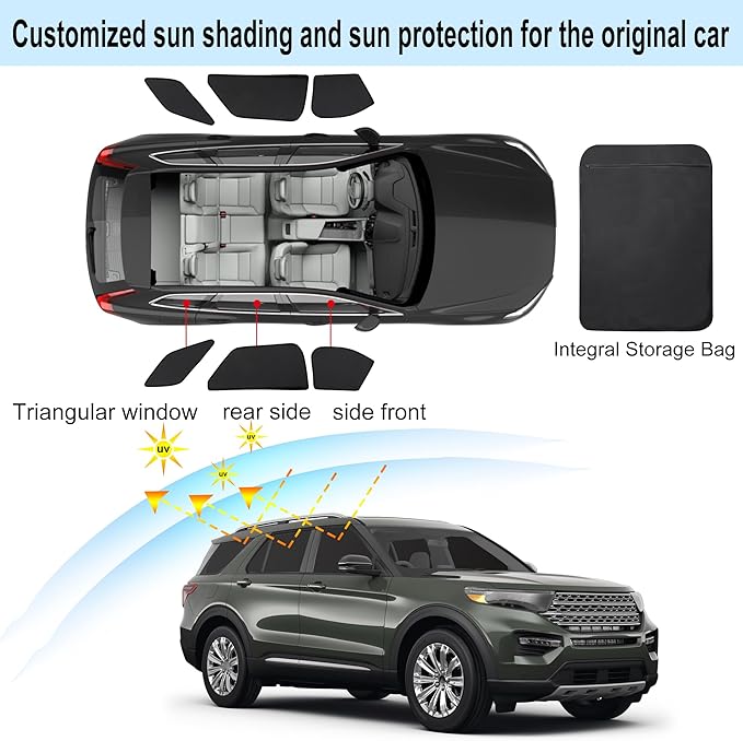 Front Side Half Window Shade Foldable Custom Fit for Ford Explorer 2020-2024 Car Window Shades for Side Window Sun Shade UV Protection Heat Insulation for Camping Sleeping 6PCS