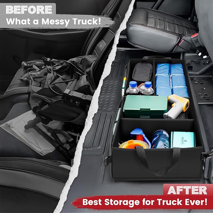 Under Seat Truck Organizer Storage Box with 1 Removable Divider & 5 Storage Mesh Bag, Collapsible Trunk Organizer for Car,