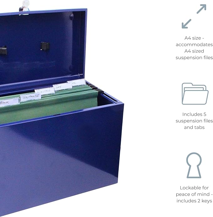 Cathedral Products A4 Steel File Box with Starter Pack of 5 Suspension Files - Blue