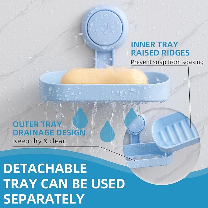 LEVERLOC Soap Dish Holder for Shower Suction Cup Wall Mounted Self Draining NO-Drilling Removable Bar Soap Sponge Holder for 