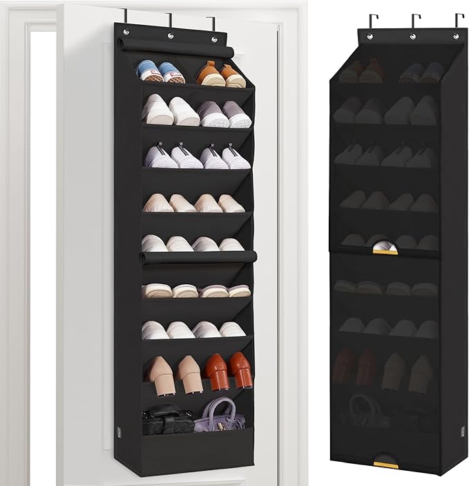 STORAGE MANIAC Over the Door Shoe Organizer with Curtain Dustproof Heavy-Duty Large Deep Pocket Hanging Shoe Organizer for Cl