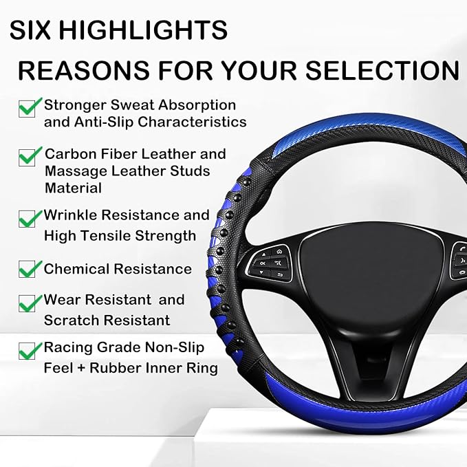 3D Massage Blue Carbon Fiber Leather Steering Wheel Cover, 14.5-15 Inch Non-Slip Breathable Microfiber Car Steering Wheel Pro