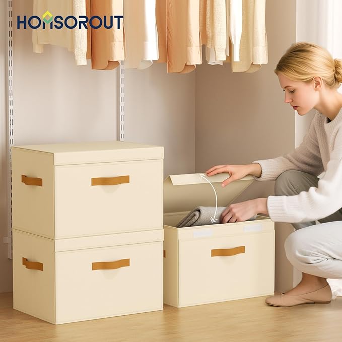 Homsorout Large Storage Bins with Lids - Front Opening Fabric Storage Bins, Flap Closet Organizer with Handles, Collapsible B