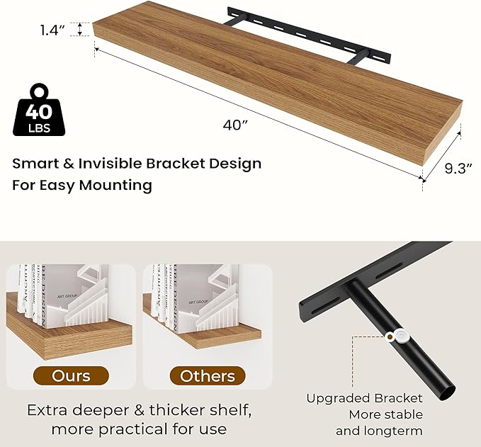 Dreamland 40 Inches Floating Shelves for Wall,9.3 Inch Deep Floating Shelves Set of 2, Large Display & Storage Shelf, Wall Sh