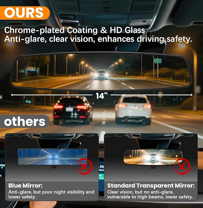 Rear View Mirror, 14 Inch Chrome Anti-glare Panoramic Rear Mirrors Universal Convex Car Interior Clip on Extra Big Wide Angle Rearview Mirror Extender to Reduce Blind Spot for Car SUV Trucks