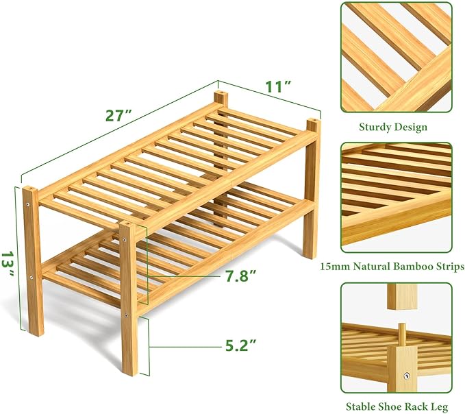 RONGJlA 2 Tier Bamboo Shoe Rack for Closet Free Standing Wood Shoe Shelf Storage Organizer for Entryway Small Space Stackable