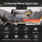 Mirror Dash Cam, 4 Channel Dash Cam Front and Rear/Inside, Touch Screen 12’’ FHD 1080Px4 Rear View Mirror Camera, 8 IR Night 