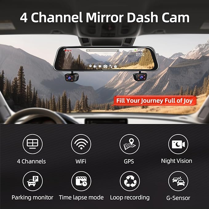 Mirror Dash Cam, 4 Channel Dash Cam Front and Rear/Inside, Touch Screen 12’’ FHD 1080Px4 Rear View Mirror Camera, 8 IR Night 