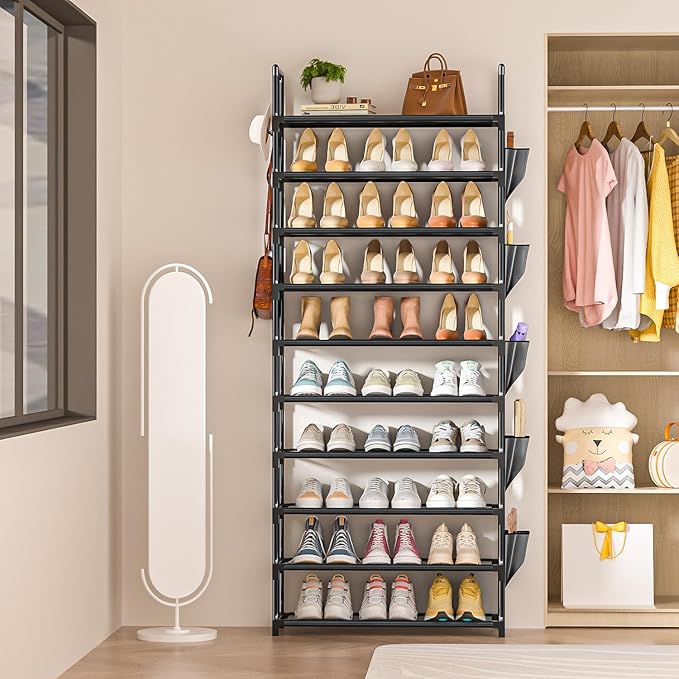 LUKYTOWER Tall Shoe Rack - 10 Tier Shoe Organizer with Metal Shelf, 5 Hooks, Pocket & Sturdy Stand for Closet Shoes