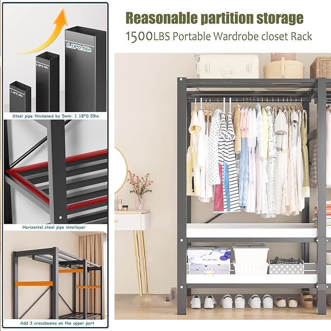 YTLEMON Heavy Duty Wardrobe Closet with Cover, Metal Rolling Clothes Rack, Foldable Portable Closet Organizer System Freestan