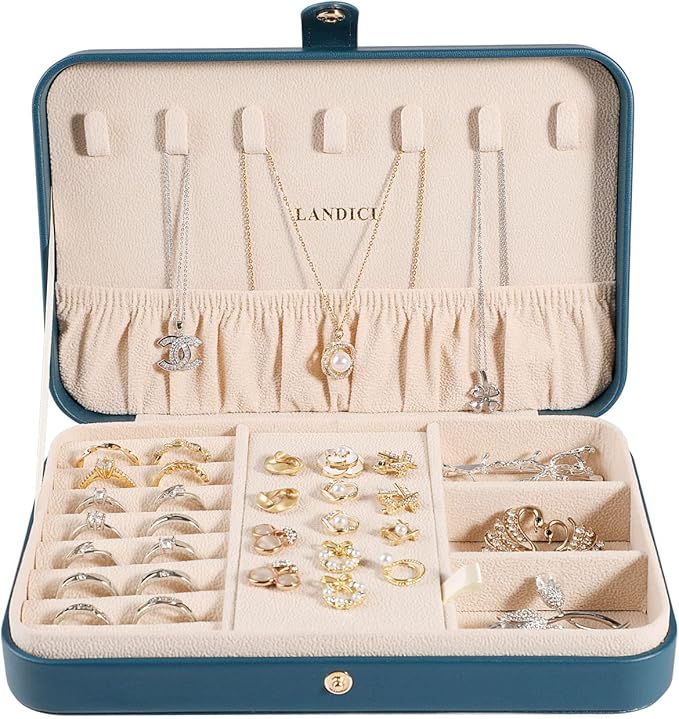 LANDICI Small Jewelry Box for Women Girls, PU Leather Travel Jewelry Organizer Case, Jewellery Storage Holder Display for Rin