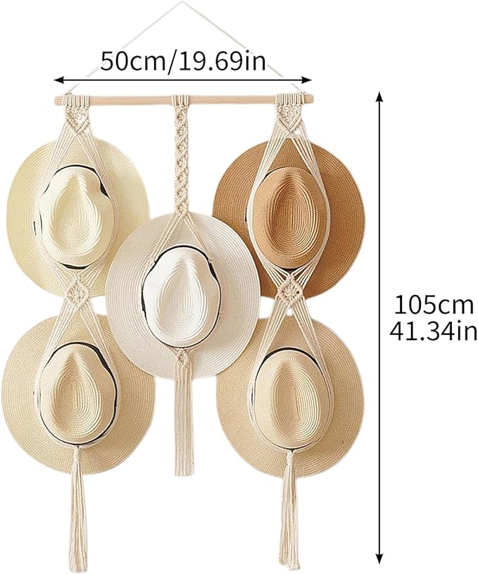 Tissting Macrame Hat Hangers Boho Hat Rack for Wall Hat Holder Display Organizer Bobo Hanging Hat Organizer Storage for Wide 