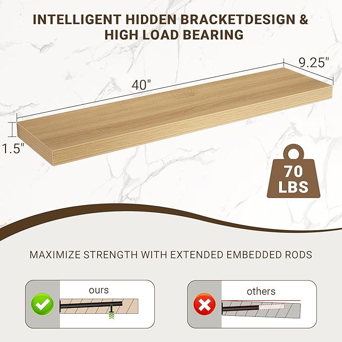 40 Inch Floating Shelves, 3D Textured Wood Grain, 40"x9.25"x1.5" Inch Deep Floating Shelves for Wall, Wooden Shelves for Bath