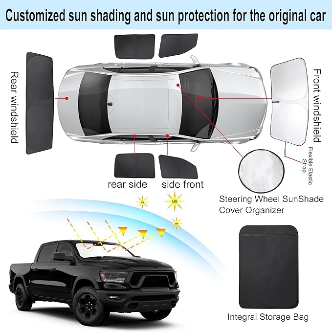 TINGLU Window Shades for Dodge RAM 1500 2019-2026 CrewCab,MegaCab Pickup,2Dr RegularCab,4Dr QuadCab Accessories Car Side Full Windows Windshield Sun Shade Camping Sun UV Rays Privacy Protection 6PCS
