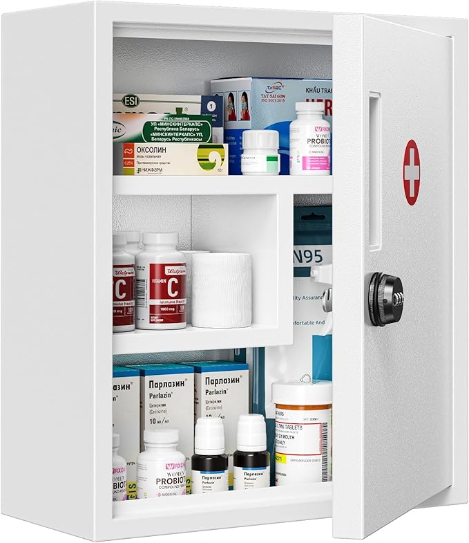 POKIPO Wall Mount Locking Medicine Cabinet, Empty Metal Medicine Storage Box with All-Metal Digit Lock, Bathroom Cabinet Orga