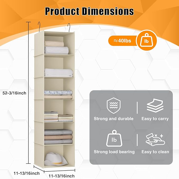 Hanging Closet Organizer, Easy Mount Foldable 6-Shelf Hanging Closet Wardrobe Storage Shelves, Clothes Handbag Shoes Accessor
