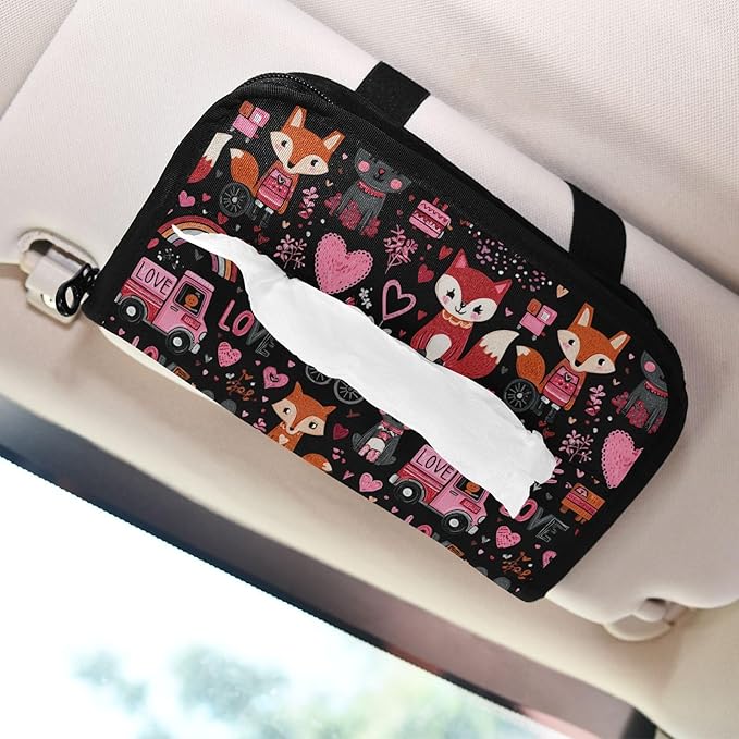 Car Tissue Holder Car Visor Organizer Tissue Box Holder for Car Sun Visor Organizer with Car Vehicle Accessories Essentials Interior for Women Men Valentines Fox Bunny Hearts Black