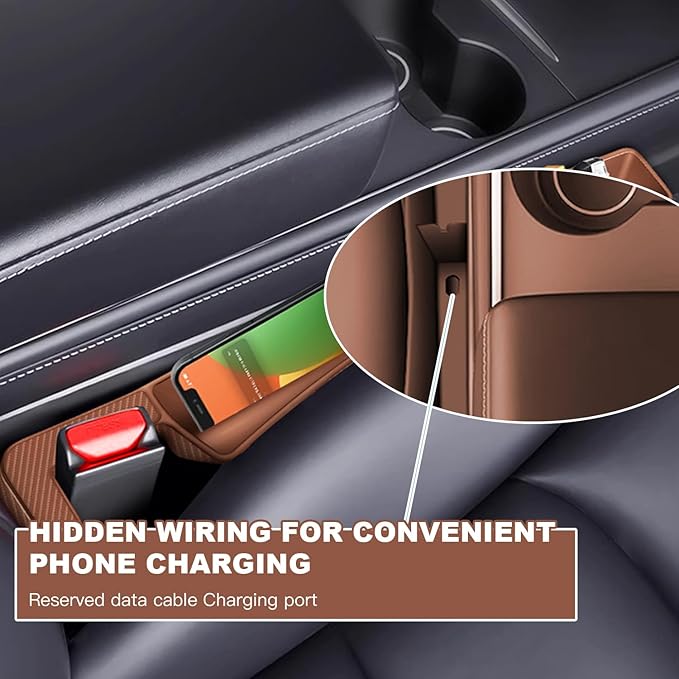 2PCS Car Seat Gap Filler Organizer,Multifunctional Car Gap Fillers with USB and Phone Holder, Universal Car Seat Storage Organizer Between Seats for Phone, Keys, Eyeglasses(Brown)