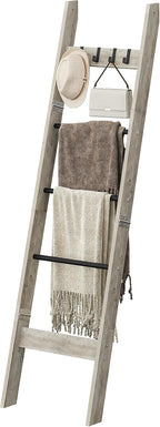 Hzuaneri Blanket Ladder for Living Room, Decorative Quilt Rack with 4 Removable Hooks, 5-Tier Farmhouse Ladder Holder Shelf O