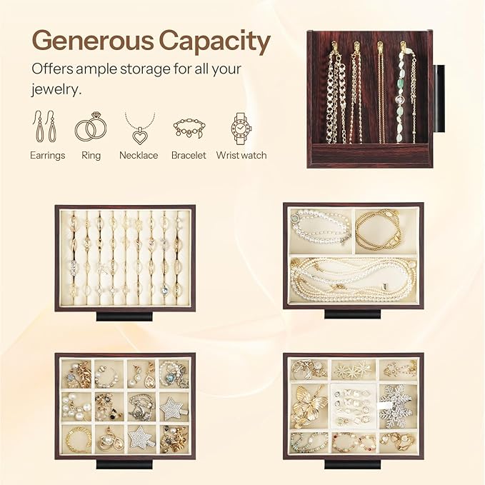 HOOBRO Jewelry Box for Women, Wooden Jewelry Organizer with Transparent Window, 4-Layer Jewelry Organizer Box, Jewelry Holder