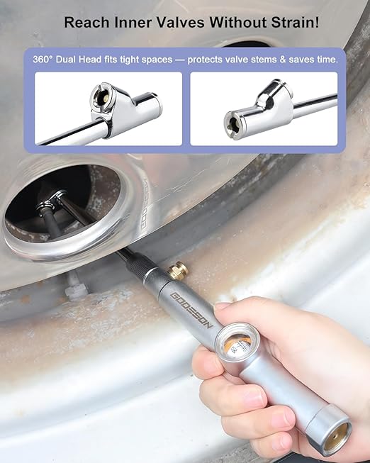 GODESON Tire Pressure Gauge with Hold Reading, 360° Swivel Dual Head Chuck with Pressure Gauge - 20-160 PSI,Big Window,12" Zinc Alloy & Steel Air Gauges for Semi Trucks, RVs, Trailers