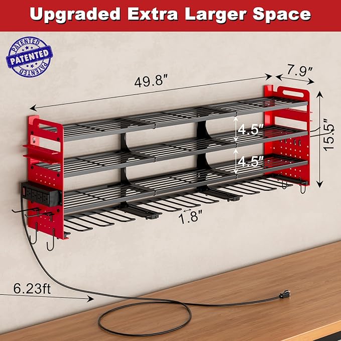 12 Cordless Drill Holder Large Power Tool Organizer Wall Mount with Side Pegboard & Screwdriver Holder, 4-Tier Heavy Duty Met