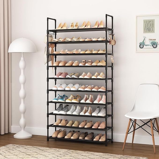 VTRIN 10 Tier Shoe Rack Tall Large Capacity Wide Shoe Organizer with Two Hooks Sturdy Metal Shoe Shelf for Entryway, Closet, 
