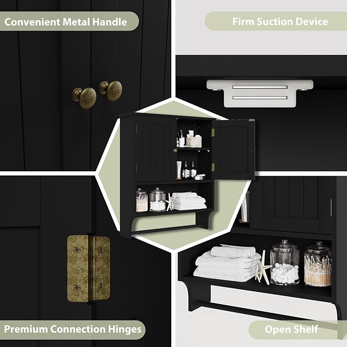 Smuxee Black Bathroom Cabinet Wall Mounted with Towels Bar, Medicine Cabinet with 2 Door Adjustable Shelves, Over Toilet Cabi