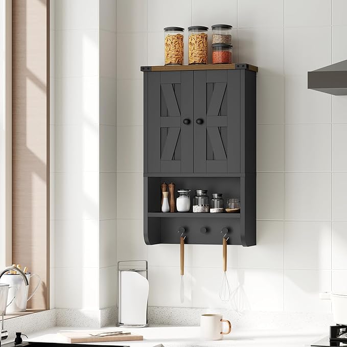 MAHANCRIS Bathroom Wall Cabinet, Farmhouse Medicine Cabinet with Adjustable Shelf, 3-Tier Wall-Mounted Storage Cabinet with 3