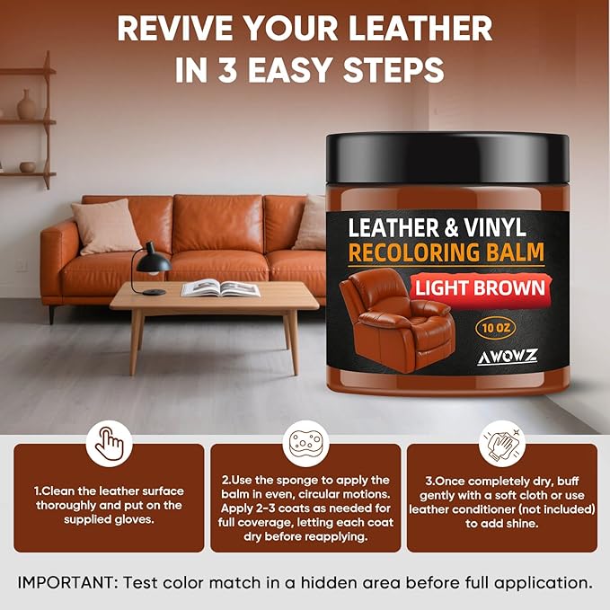 Leather Recoloring Balm - Scratch Repair & Color Restore Kit for Faded Leather, Couch & Car Seats - 10OZ Leather Restorer Bal