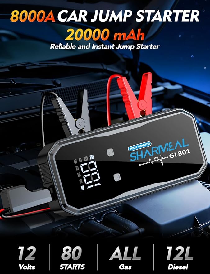 Sharmeal 21-in-1 8000A Jump Starter, 20000mAh Car Booster Pack with PD 35W Super Fast Charging, 12V Jump Starter Battery