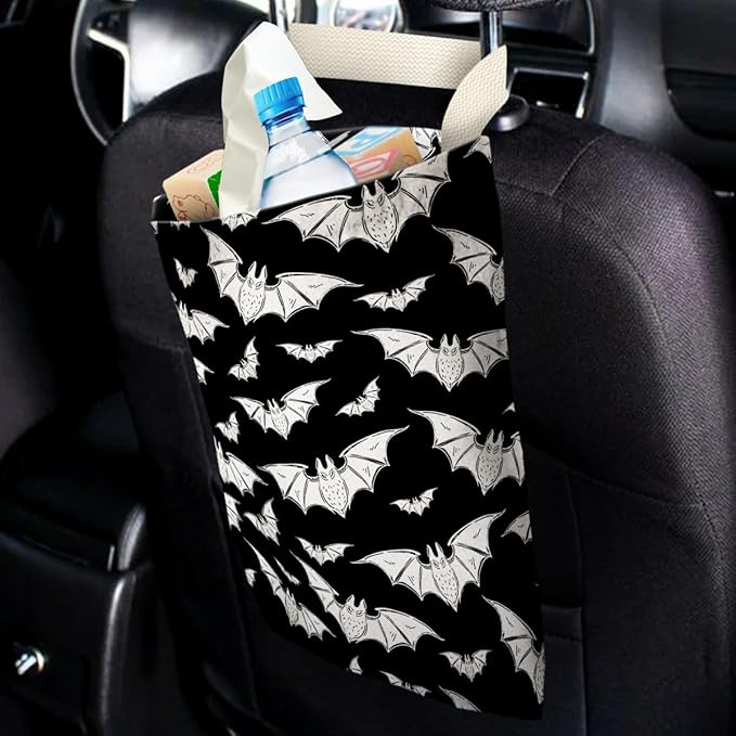 IRADA Car Trash Bag Hanging No Snap Small Garbage Bag for Car Back Seat Cute Printed One-Handed Strap Trash Bags Car Accessories-Halloween Bat Car Trash Bags