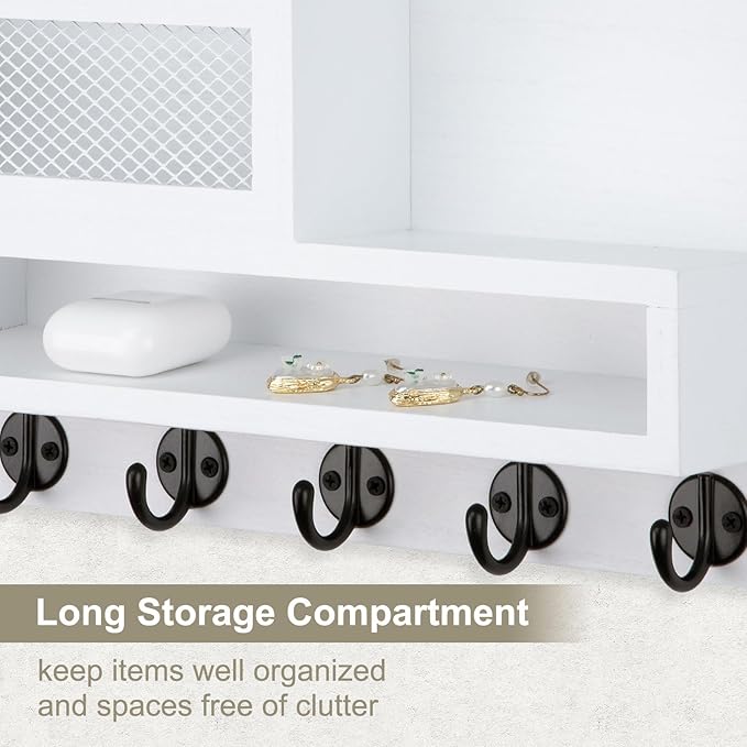 Key Holder for Wall, Mail Organizer Wall Mount with Storage Compartment and 5 key Hooks for Coat, Dog Leash, Stylish Mesh Mai