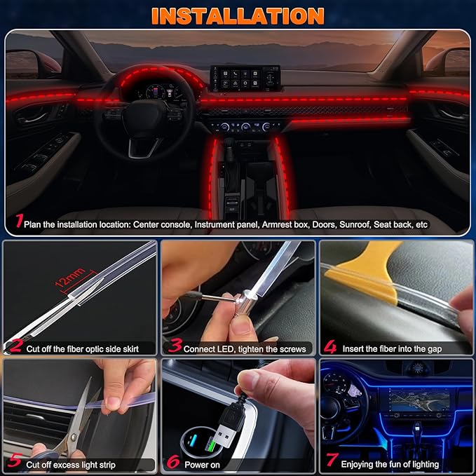 Car LED Strip Lights, USB Interior Ambient Lighting Kits with Wireless APP and RF Remote Control, 16 Million Colors Music Mode Car Decoration Lights with 315 inches 3.0mm Fiber Optic (6 in 1)