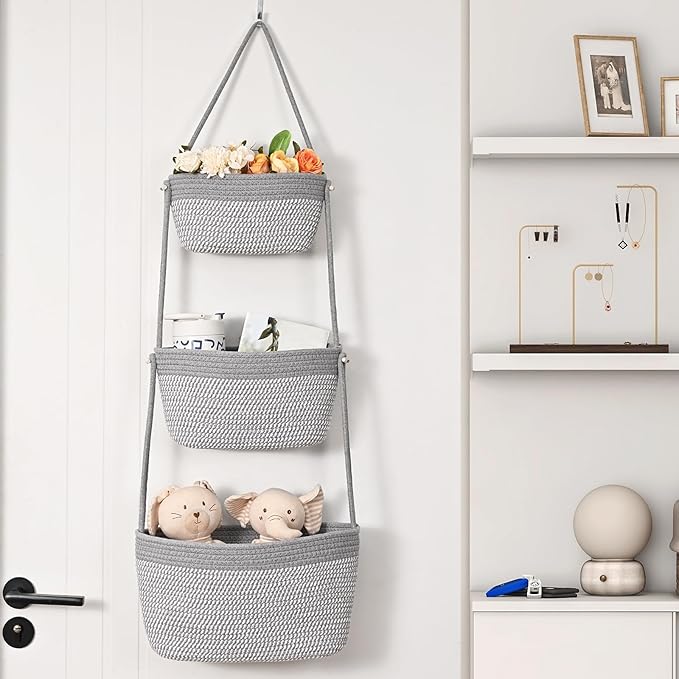 Hanging Storage Baskets, Over the Door Basket, Cotton Wall Baskets Storage, Hanging Door Basket with 4 Hooks