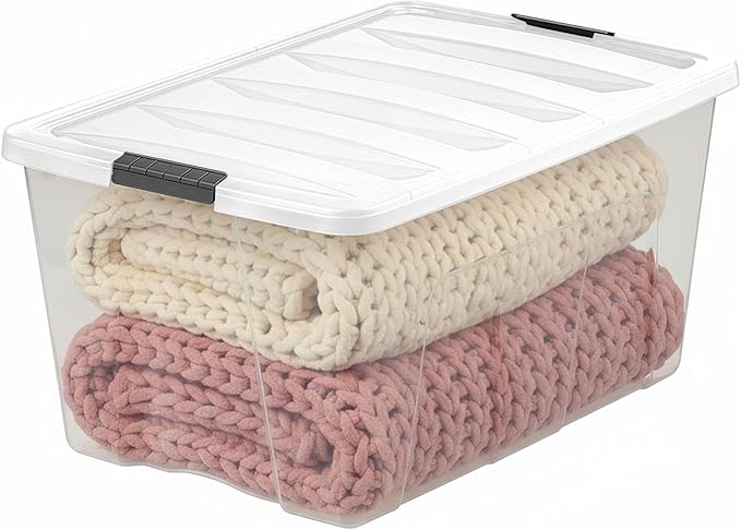 IRIS USA 94 Qt Stackable Plastic Storage Bins with Lids, 4 Pack - BPA-Free, Made in USA - See-Through Organizing Solution, La