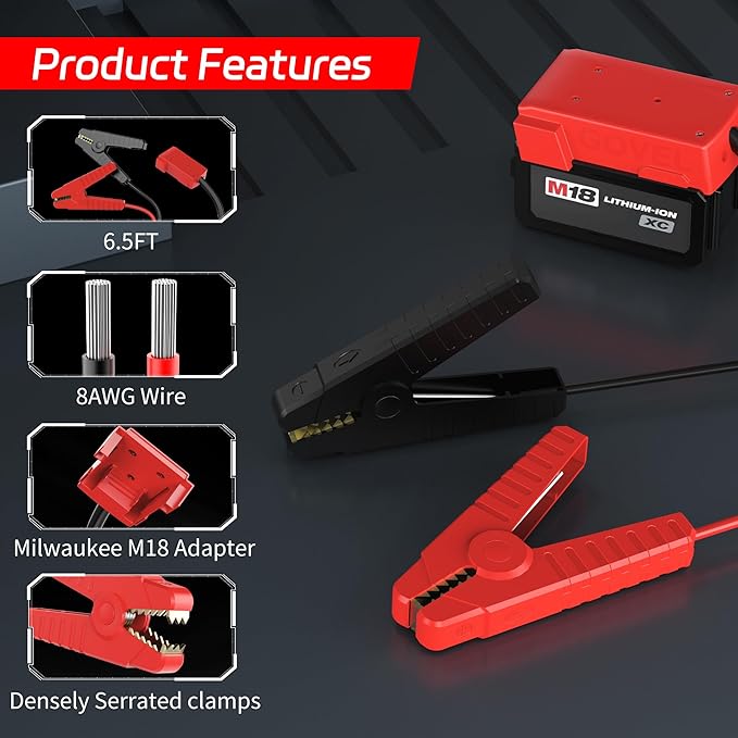Battery Jump Starter Jumper Cable Clamps for Milwaukee M18 18V, 8AWG 6.3FT Auto Booster Cable for Jump Starting Car Cable Power Tool Line(Battery not Included)
