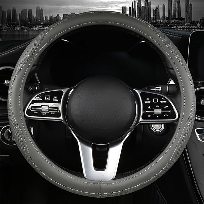 Cowhide Steering Wheel Cover Heat Resistant Anti-Slip Car Wheel Wrap Compatible with Most Makes and Models of Cars and Trucks with 14.5 to 15 Inch Steering Wheel(Gray)