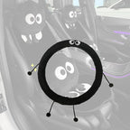 Car Headrest Pillow & Steering Wheel Cover Set with Cute Big-Eyed Furball Travel Neck Support Pillow Fur Car Interior Accessory (Black Ring Cover)