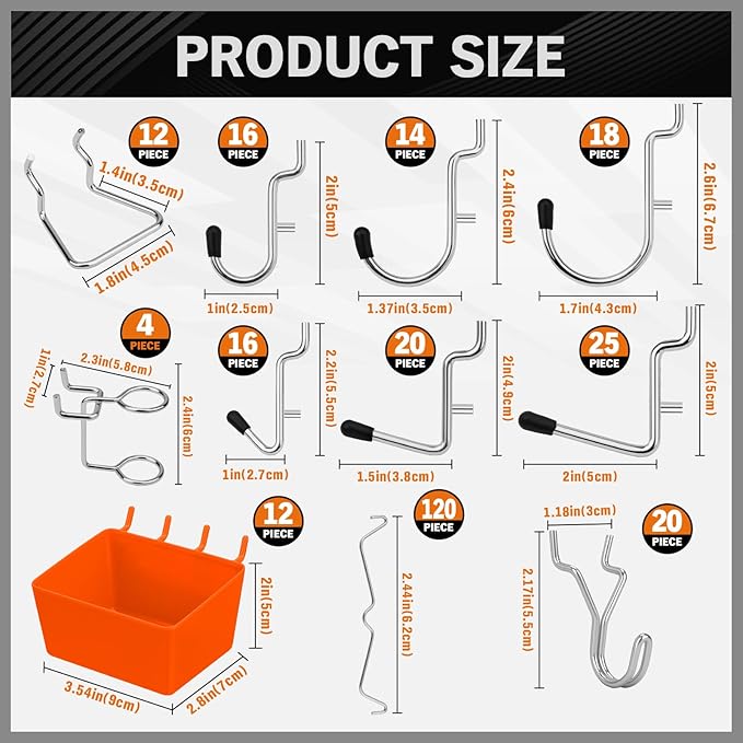 HORUSDY 309 PCS Pegboard Hooks Assortment Kit – 17 Types Heavy Duty Peg Board Hooks & Organizer Accessories – Fits 1/8 & 1/4 