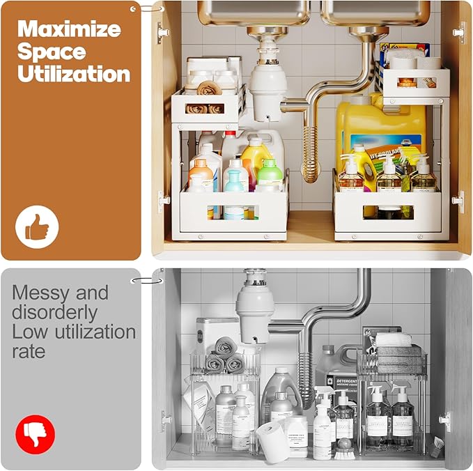 2-Pack 19"Deep Under Sink Organizer And Storage, 2-Tier L-Shaped Pull Out Cabinet Organizer with Upgraded Slide Rails, Height